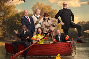 Taskmaster. Image shows left to right: Babatunde Aléshé, Jack Dee, Andy Zaltzman, Rosie Jones, Emma Sidi, Alex Horne, Greg Davies