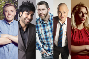 Image shows from L to R: Rob Beckett, Paul Chowdhry, Dave Gorman, Al Murray, Sara Pascoe. Copyright: Avalon Television