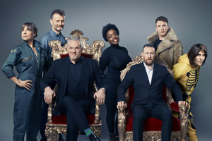 Taskmaster. Image shows from L to R: Mel Giedroyc, Hugh Dennis, Greg Davies, Lolly Adefope, Alex Horne, Joe Lycett, Noel Fielding. Copyright: Avalon Television