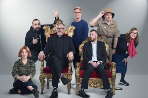 Taskmaster. Image shows from L to R: Alice Levine, Asim Chaudhry, Greg Davies, Russell Howard, Alex Horne, Tim Vine, Liza Tarbuck. Copyright: Avalon Television