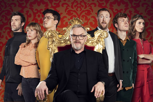 Taskmaster. Image shows from L to R: Rhod Gilbert, Kerry Godliman, Phil Wang, Greg Davies, Alex Horne, James Acaster, Jessica Knappett. Copyright: Avalon Television