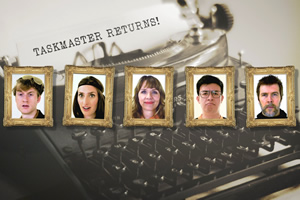 Taskmaster. Image shows from L to R: James Acaster, Jessica Knappett, Phil Wang, Kerry Godliman, Rhod Gilbert. Copyright: Avalon Television