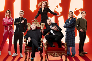 Taskmaster. Image shows from L to R: Lou Sanders, Iain Stirling, Greg Davies, Sian Gibson, Alex Horne, Paul Sinha, Joe Thomas. Copyright: Avalon Television