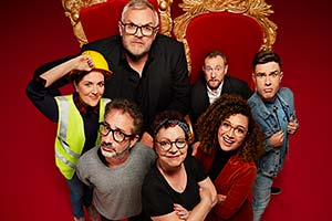 Taskmaster. Image shows from L to R: Katy Wix, David Baddiel, Greg Davies, Jo Brand, Alex Horne, Rose Matafeo, Ed Gamble. Copyright: Avalon Television