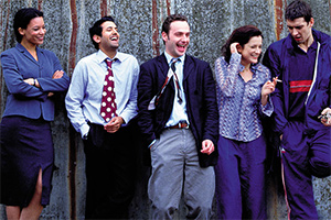 Teachers. Image shows from L to R: Jenny Page (Nina Sosanya), Kurt McKenna (Navin Chowdhry), Simon Casey (Andrew Lincoln), Susan Gately (Raquel Cassidy), Brian Steadman (Adrian Bower). Copyright: Tiger Aspect Productions