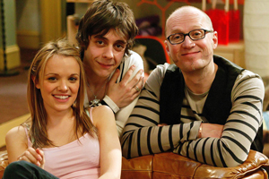 Teenage Kicks. Image shows from L to R: Milly (Laura Aikman), Max (Ed Coleman), Vernon (Adrian Edmondson). Copyright: Phil McIntyre Entertainment