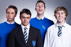 The Inbetweeners. Image shows from L to R: Simon Cooper (Joe Thomas), Will Mackenzie (Simon Bird), Neil Sutherland (Blake Harrison), Jay Cartwright (James Buckley). Copyright: Bwark Productions