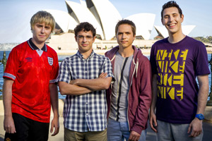 The Inbetweeners 2. Image shows from L to R: Jay Cartwright (James Buckley), Will MacKenzie (Simon Bird), Simon Cooper (Joe Thomas), Neil Sutherland (Blake Harrison). Copyright: Bwark Productions