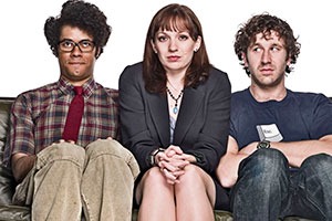 The IT Crowd. Image shows from L to R: Moss (Richard Ayoade), Jen (Katherine Parkinson), Roy (Chris O'Dowd). Copyright: TalkbackThames