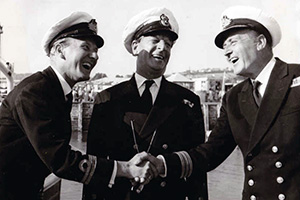 The Navy Lark. Image shows left to right: Lt. Peter Pouter (Leslie Phillips), C.P.O. Banyard (Ronald Shiner), Commander Stanton, RN (Cecil Parker). Credit: 20th Century Fox