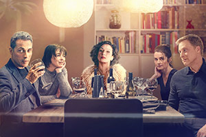 The Trouble With Jessica. Image shows left to right: Richard (Rufus Sewell), Beth (Olivia Williams), Jessica (Indira Varma), Sarah (Shirley Henderson), Tom (Alan Tudyk)