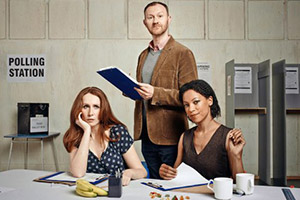 The Vote. Image shows from L to R: Kirsty Henderson (Catherine Tate), Steven Crosswell (Mark Gatiss), Laura Williams (Nina Sosanya)