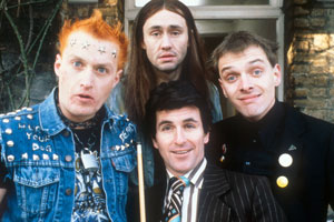 The Young Ones. Image shows from L to R: Vyvyan (Adrian Edmondson), Neil (Nigel Planer), Mike (Christopher Ryan), Rick (Rik Mayall). Copyright: BBC