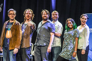 Time Spanner. Image shows from L to R: Mr Mergatroid (Jeremy Limb), Martin Gaye (Simon Kane), Daniel Kraken (David Mitchell), Laika (John Finnemore), Gabbie (London Hughes), Angel (Belinda Stewart-Wilson). Copyright: BBC