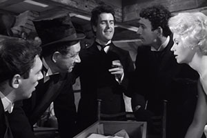 Too Many Crooks. Image shows from L to R: Snowdrop (Bernard Bresslaw), Sid (Sid James), Fingers (George Cole), Whisper (Joe Melia), Charmaine (Vera Day). Copyright: Rank Organisation / ITV