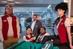 Transaction. Image shows left to right: Tom (Thomas Gray), Millie (Francesca Mills), Simon (Nick Frost), Linda (Kayla Meikle), Liv (Jordan Gray)