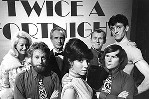 Twice A Fortnight. Image shows left to right: Amanda, Jonathan Lynn, Ronald Fletcher, Dilys Watling, Graeme Garden, Bill Oddie, Tony Buffery. Credit: BBC