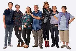 Two Doors Down. Image shows from L to R: Gordon (Kieran Hodgson), Ian (Jamie Quinn), Beth (Arabella Weir), Eric (Alex Norton), Cathy (Doon Mackichan), Colin (Jonathan Watson), Christine (Elaine C. Smith)