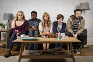 Uncle. Image shows from L to R: Tiffany (Jorja Rutherford), Bruce (Daniel Lawrence Taylor), Sam (Daisy Haggard), Errol (Elliot Speller-Gillott), Andy (Nick Helm). Copyright: Baby Cow Productions