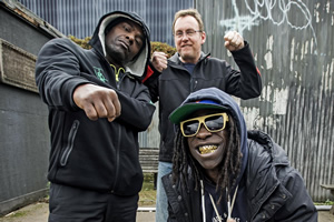 Urban Myths: Public Enemy (feat. Kev Wells). Image shows from L to R: Chuck D (Paterson Joseph), Kev Wells (Philip Glenister), Flavor Flav (Abdul Salis)