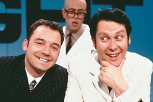 Vic Reeves Big Night Out. Image shows from L to R: Bob Mortimer, Les (Fred Aylward), Vic Reeves. Copyright: Channel X