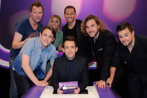 Virtually Famous. Image shows from L to R: Ed Byrne, Chris Stark, Stacey Solomon, Kevin McHale, Joe Swash, Seann Walsh, Alex Brooker. Copyright: Talkback / Hungry Bear Media