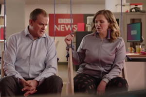 W1A. Image shows from L to R: Ian Fletcher (Hugh Bonneville), Siobhan Sharpe (Jessica Hynes). Copyright: BBC