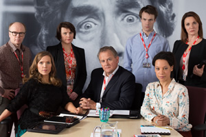 W1A. Image shows from L to R: Simon Harwood (Jason Watkins), Siobhan Sharpe (Jessica Hynes), Tracey Pritchard (Monica Dolan), Ian Fletcher (Hugh Bonneville), Will Humphries (Hugh Skinner), Lucy Freeman (Nina Sosanya), Anna Rampton (Sarah Parish). Copyright: BBC