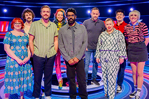 The Weakest Link. Image shows left to right: Angela Barnes, Josh Pugh, Iain Stirling, Ria Lina, Romesh Ranganathan, Geoff Norcott, Laura Smyth, Phil Wang, Maisie Adam