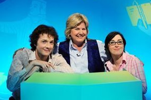 What The Dickens?. Image shows from L to R: Chris Addison, Sandi Toksvig, Sue Perkins. Copyright: Liberty Bell
