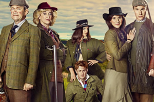 The Windsors. Image shows from L to R: Charles (Harry Enfield), Camilla (Haydn Gwynne), Pippa (Morgana Robinson), Harry (Richard Goulding), Kate (Louise Ford), Wills (Hugh Skinner). Copyright: Noho Film and TV