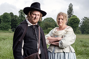 The Witchfinder. Image shows from L to R: Gideon Bannister (Tim Key), Thomasine Gooch (Daisy May Cooper)