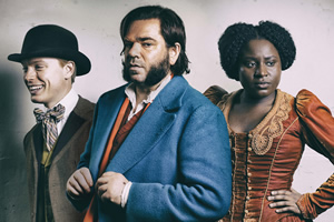 Year Of The Rabbit. Image shows from L to R: Wilbur Strauss (Freddie Fox), Detective Inspector Rabbit (Matt Berry), Mabel Wisbech (Susan Wokoma). Copyright: Objective Productions