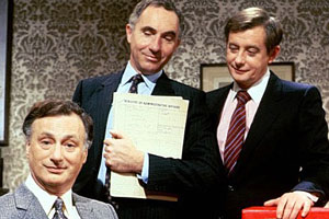 Yes Minister. Image shows from L to R: James Hacker (Paul Eddington), Sir Humphrey Appleby (Nigel Hawthorne), Bernard Woolley (Derek Fowlds). Copyright: BBC