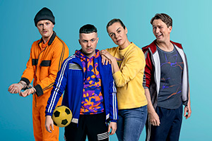 The Young Offenders. Image shows left to right: Jock O'Keeffe (Chris Walley), Conor MacSweeney (Alex Murphy), Mairead MacSweeney (Hilary Rose), Billy Murphy (Shane Casey)