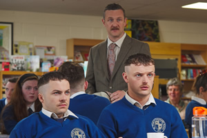 The Young Offenders. Image shows from L to R: Conor MacSweeney (Alex Murphy), Principal Barry Walsh (PJ Gallagher), Jock O'Keeffe (Chris Walley)