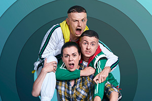 The Young Offenders. Image shows from L to R: Jock O'Keeffe (Chris Walley), Mairead MacSweeney (Hilary Rose), Conor MacSweeney (Alex Murphy)