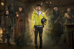 Zapped. Image shows from L to R: Steg (Kenneth Collard), Barbara (Sharon Rooney), Brian (James Buckley), Howell (Paul Kaye), Herman (Louis Emerick)