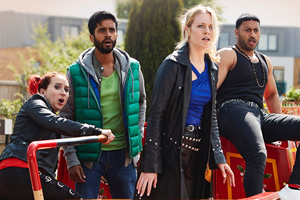 Zomboat!. Image shows from L to R: Kat (Leah Brotherhead), Sunny (Hamza Jeetooa), Jo (Cara Theobold), Amar (Ryan McKen). Copyright: Noho Film and TV