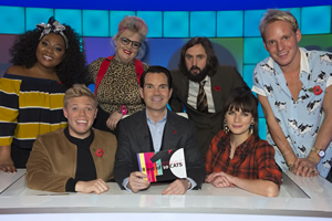 8 Out Of 10 Cats. Image shows from L to R: Paisley Billings, Rob Beckett, Jayde Adams, Jimmy Carr, Joe Wilkinson, Aisling Bea, Jamie Laing. Copyright: Zeppotron