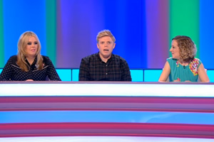 8 Out Of 10 Cats. Image shows from L to R: Roisin Conaty, Rob Beckett, Cathy Newman. Copyright: Zeppotron