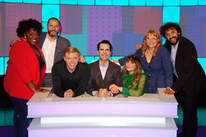 8 Out Of 10 Cats. Image shows from L to R: Judi Love, Fred Sirieix, Rob Beckett, Jimmy Carr, Natasia Demetriou, Kerry Godliman, Nish Kumar. Copyright: Zeppotron