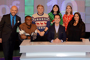 8 Out Of 10 Cats. Image shows from L to R: Tom Allen, Liam Charles, Rob Beckett, Maisie Adam, Jimmy Carr, Katherine Ryan, Scarlett Moffatt. Copyright: Zeppotron