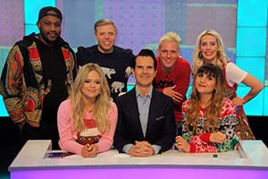 8 Out Of 10 Cats. Image shows from L to R: Ola, Emily Atack, Rob Beckett, Jimmy Carr, Jamie Laing, Natasia Demetriou, Sara Pascoe. Copyright: Zeppotron