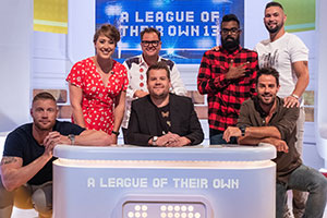 A League Of Their Own. Image shows from L to R: Andrew Flintoff, Lizzy Yarnold, Alan Carr, James Corden, Romesh Ranganathan, Jamie Redknapp, Tony Bellew. Copyright: CPL Productions