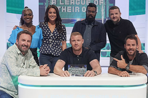 A League Of Their Own. Image shows from L to R: Lee Mack, Dina Asher-Smith, Sam Quek, Andrew Flintoff, Romesh Ranganathan, Kevin Bridges, Jamie Redknapp. Copyright: CPL Productions