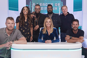 A League Of Their Own. Image shows from L to R: Andrew Flintoff, Alex Scott, Guz Khan, Amanda Holden, Romesh Ranganathan, Harry Redknapp, Jamie Redknapp. Copyright: CPL Productions