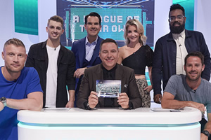 A League Of Their Own. Image shows from L to R: Andrew Flintoff, Max Whitlock, Jimmy Carr, David Walliams, Helen Skelton, Romesh Ranganathan, Jamie Redknapp. Copyright: CPL Productions