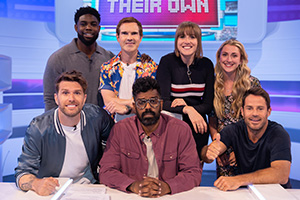 A League Of Their Own. Image shows from L to R: Joel Dommett, Micah Richards, Jimmy Carr, Romesh Ranganathan, Maisie Adam, Laura Trott, Jamie Redknapp. Copyright: CPL Productions