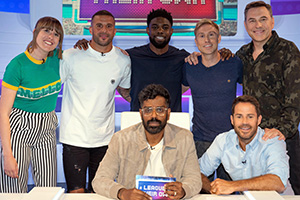 A League Of Their Own. Image shows from L to R: Maisie Adam, Kyle Walker, Romesh Ranganathan, Micah Richards, Russell Howard, Jamie Redknapp, David Walliams. Copyright: CPL Productions, Sky